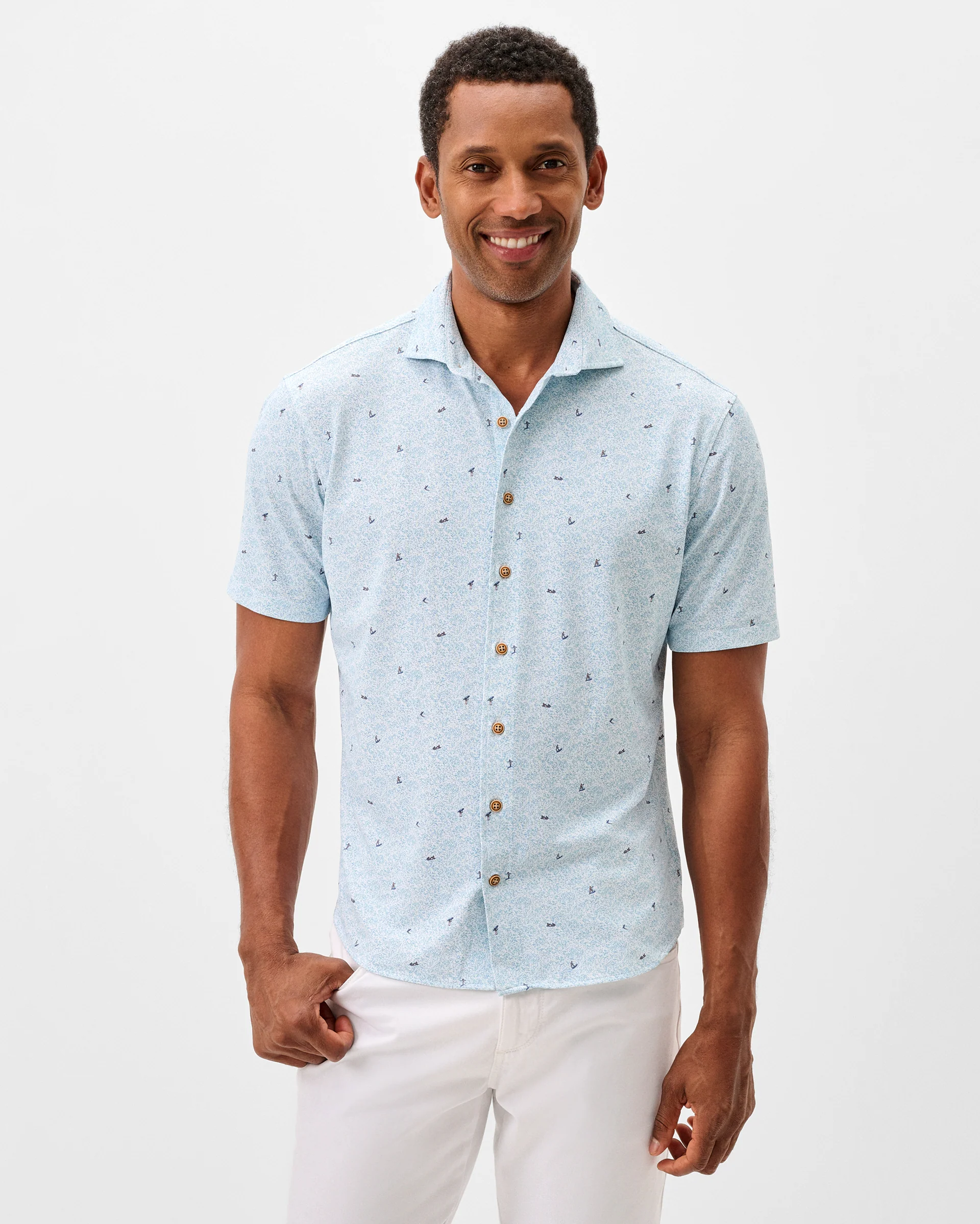 Printed Mesh Short Sleeve Button Down Shirt - Rowing Printed Knit - Image 2