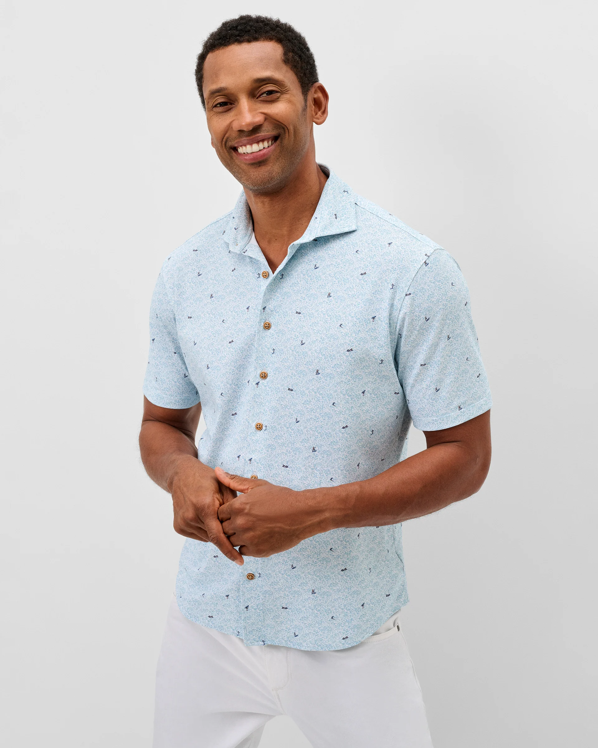 Printed Mesh Short Sleeve Button Down Shirt - Rowing Printed Knit - Image 3