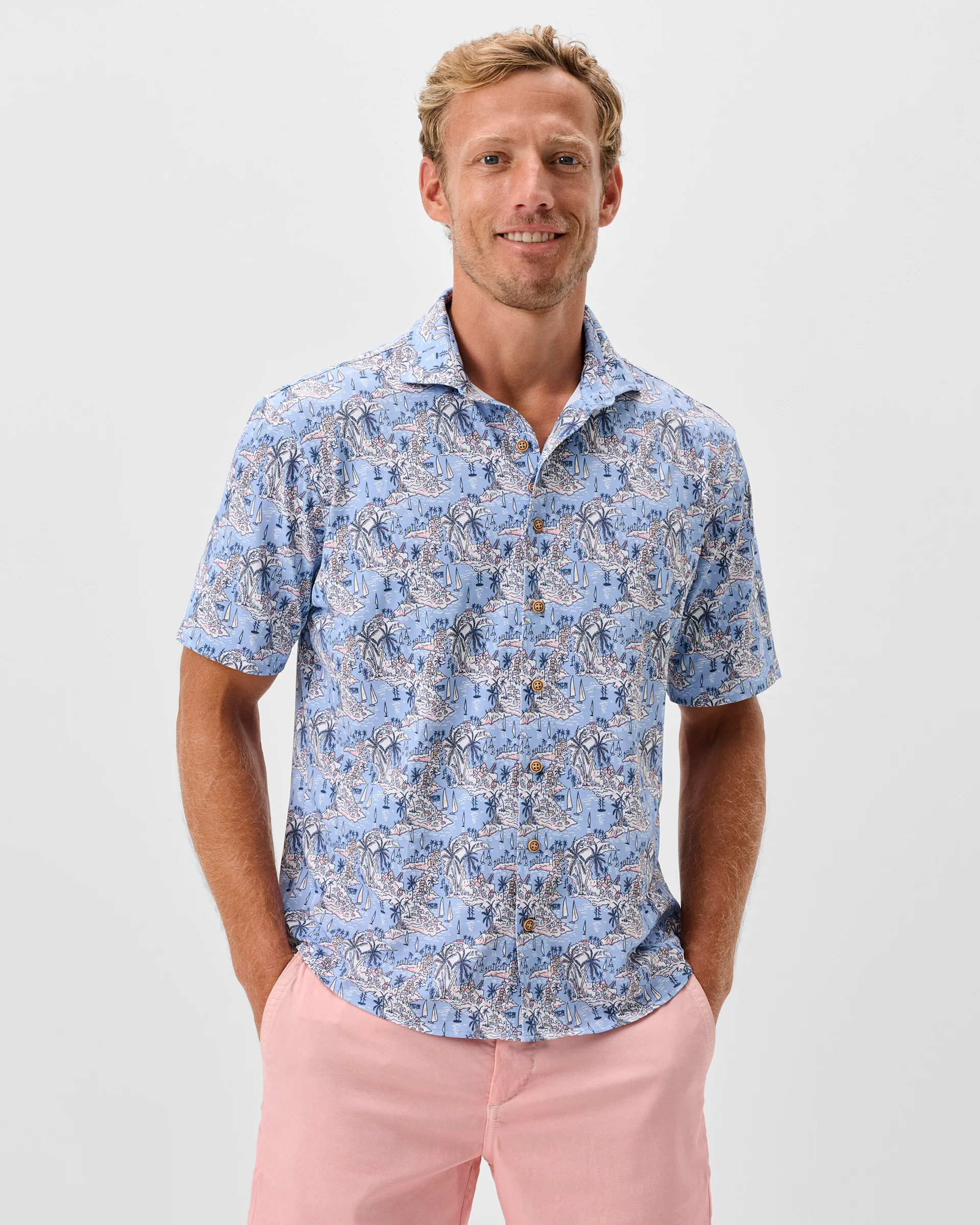 Printed Mesh Short Sleeve Button Down Shirt - Otto Printed Knit - Image 2