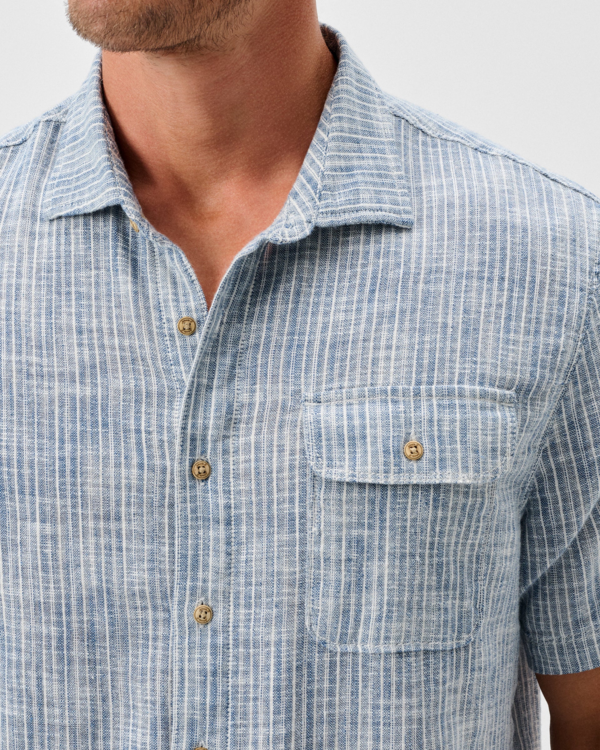 Short Sleeve Cotton Blend Button Down Shirt - Ennis Indigo Dyed Stripe - Image 2