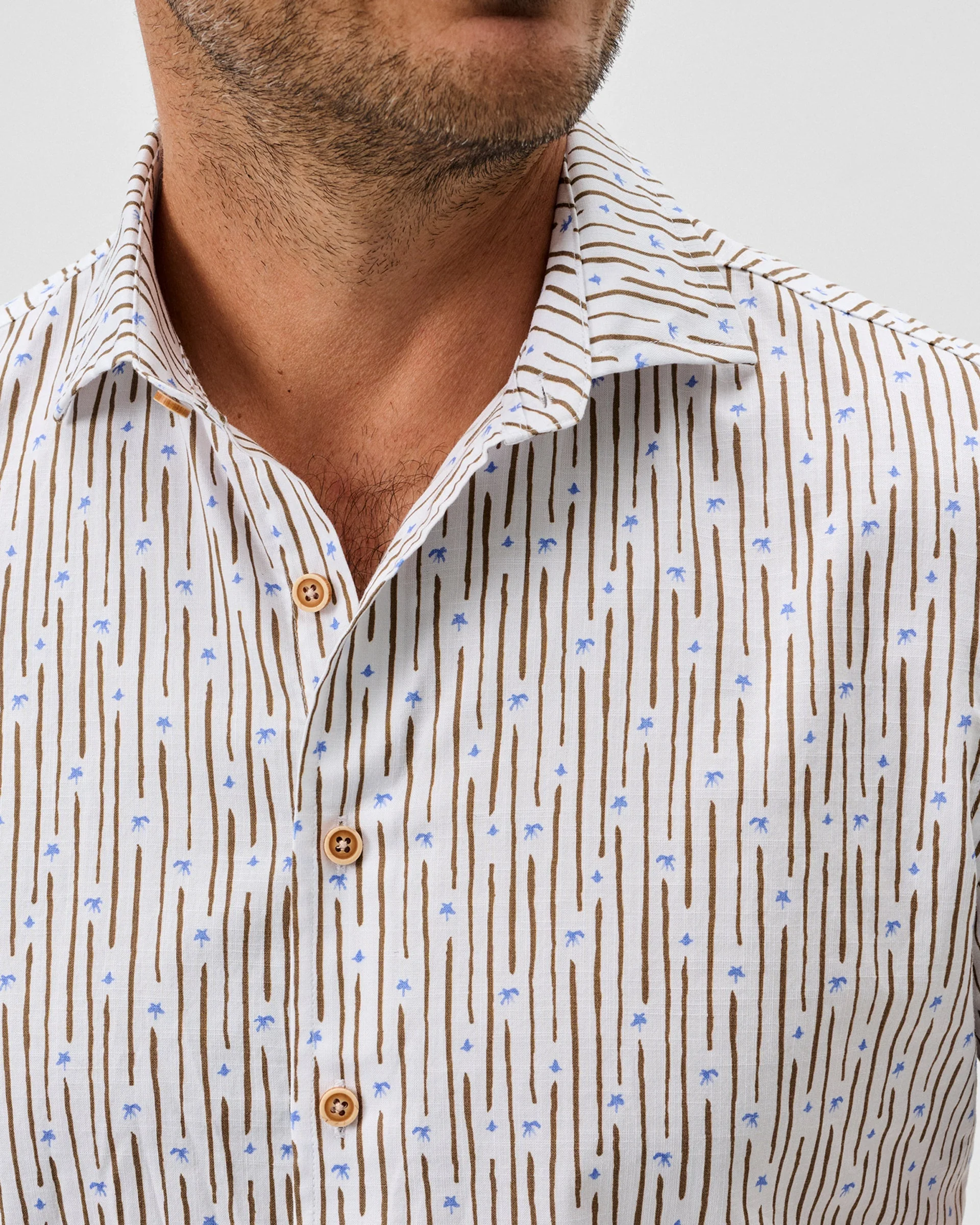 Cotton Blend Short Sleeve Button Down Shirt - Pendola Printed Slub Cotton