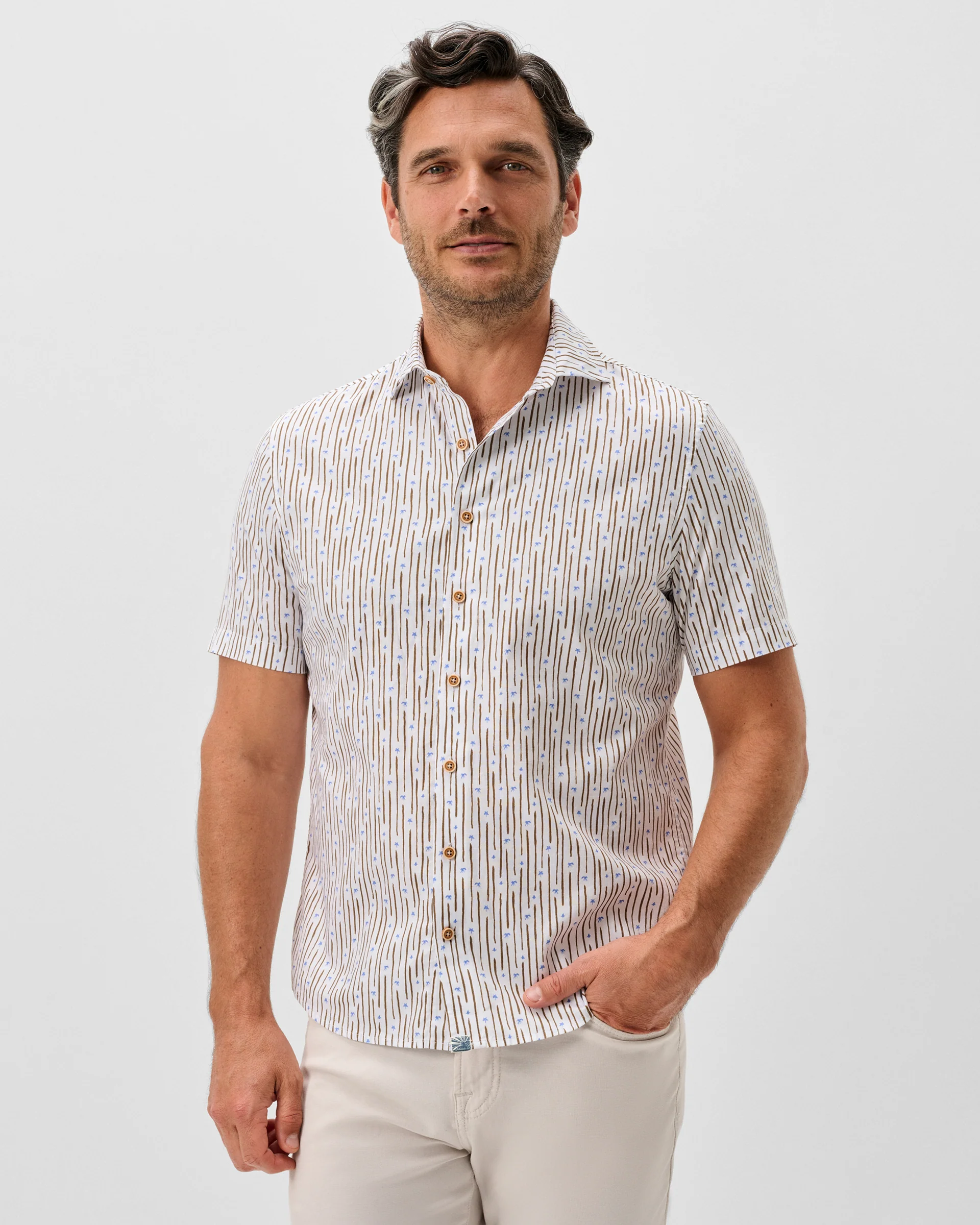 Cotton Blend Short Sleeve Button Down Shirt - Pendola Printed Slub Cotton - Image 2