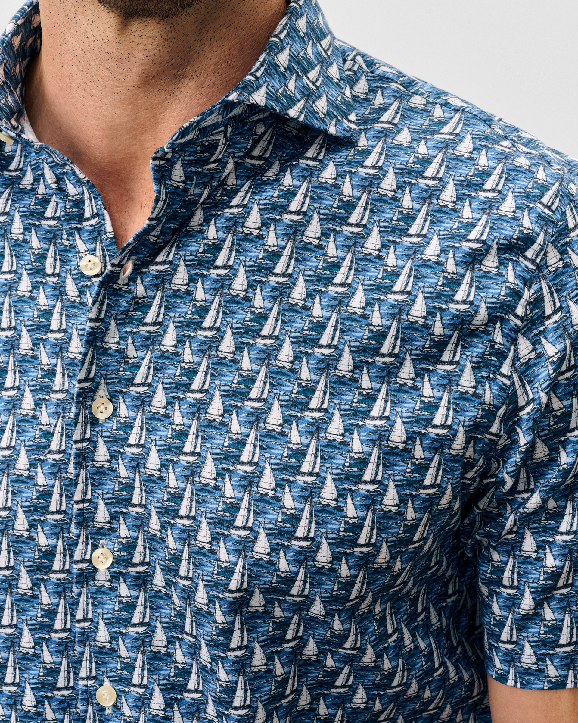 Tencel Blend Short Sleeve Button Down Shirt - Sailboat Print