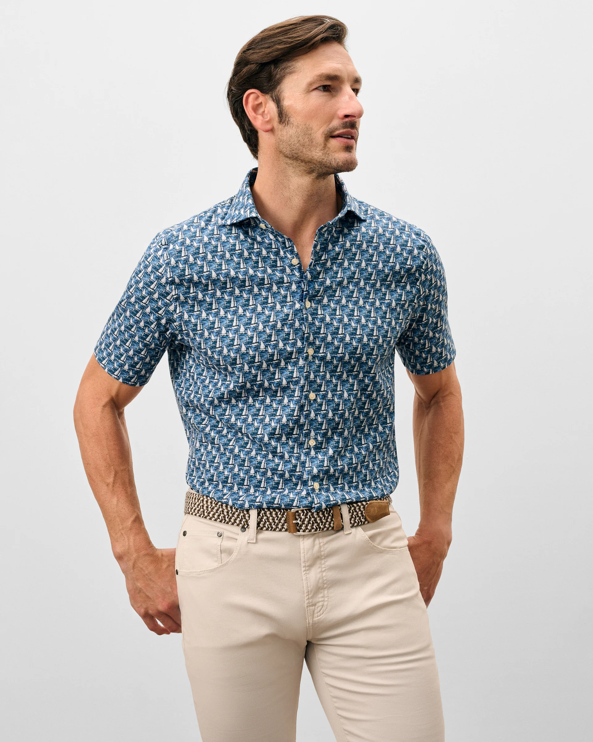 Tencel Blend Short Sleeve Button Down Shirt - Sailboat Print - Image 3