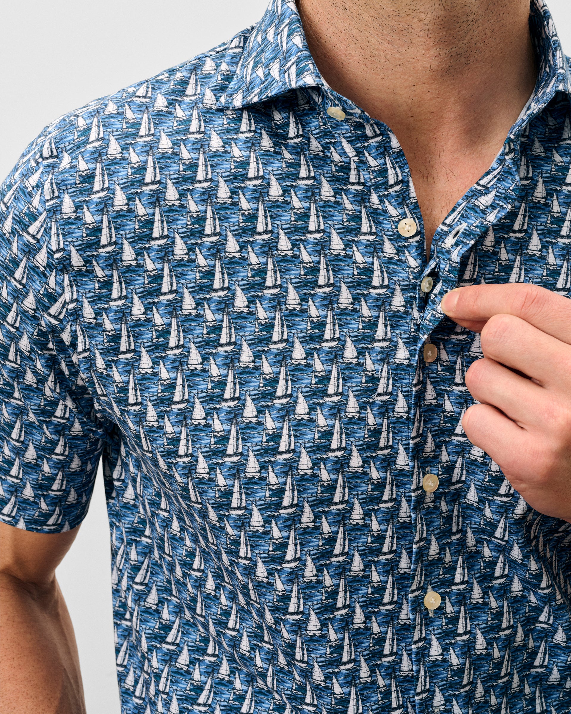 Tencel Blend Short Sleeve Button Down Shirt - Sailboat Print - Image 4