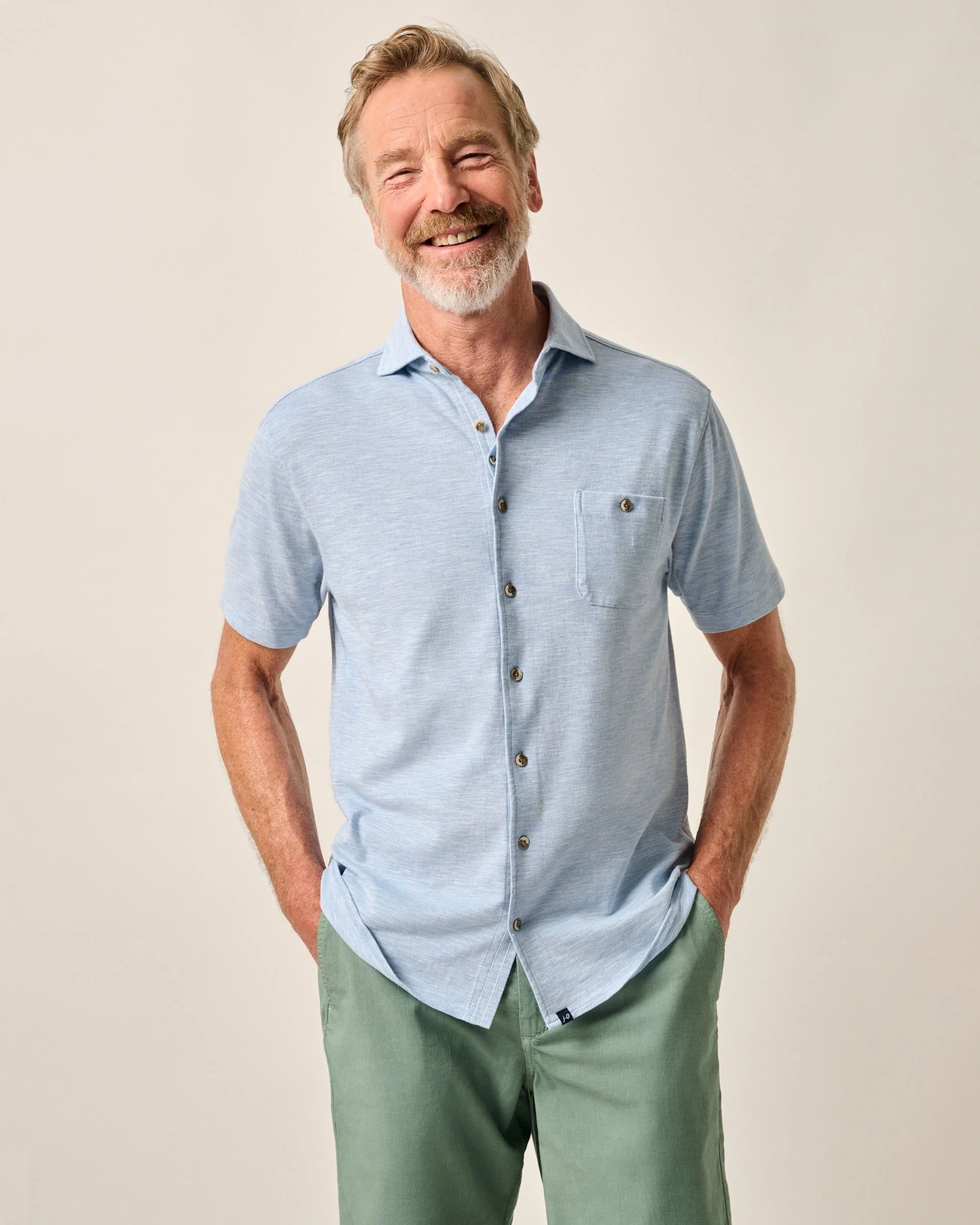 Short-Sleeve Knit Pique Button-Down Shirt - Tasca - Image 2